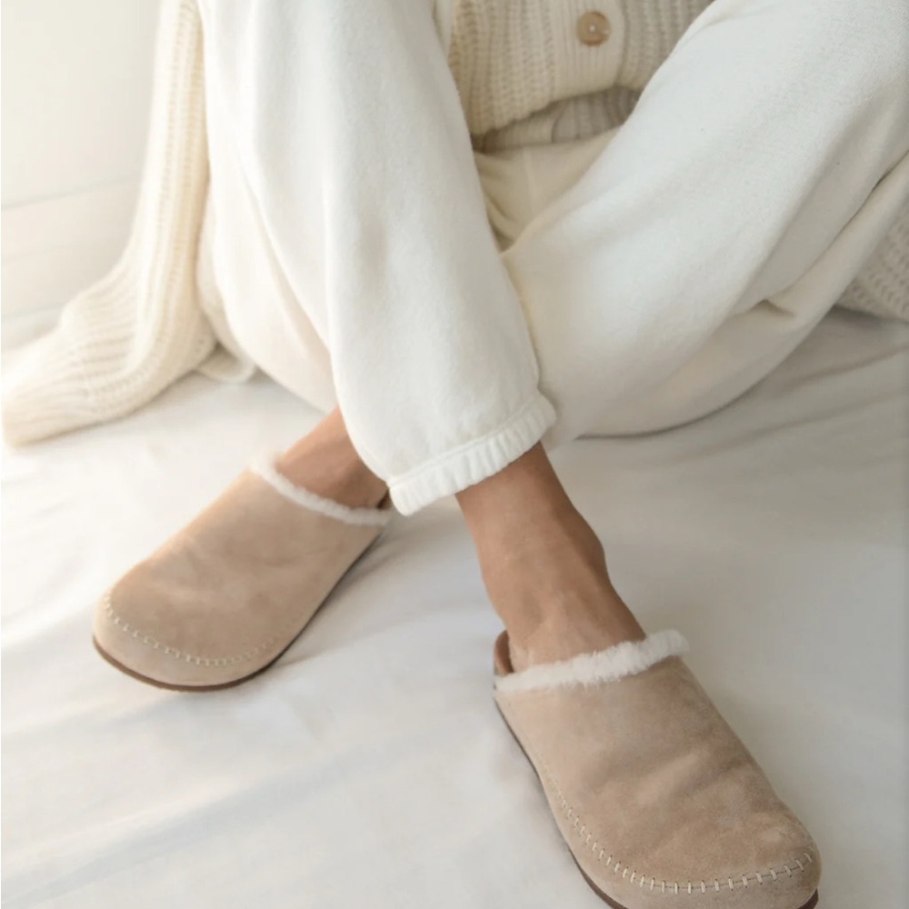 Jenni Kayne Beige Shearling-Lined Suede Mules